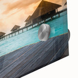 Large abstract wall art depicting the serene Bora Bora scenery in muted blue and green tones on acrylic glass.