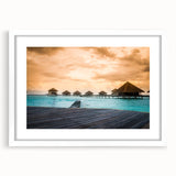 Abstract art print of Bora Bora in soft blue and green hues on a white framed canvas, ideal for bedroom or dining room decor.