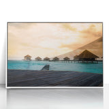 Art deco style oceanic view of Bora Bora with pastel blue and green shades on white-framed acrylic.