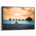 Black and white landscape art painting of Bora Bora on framed canvas, ideal for bedroom wall decor.