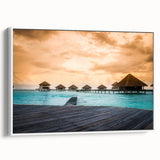 Vintage poster art of Bora Bora with vibrant ocean and sky hues on a framed canvas, ideal for living room decor.
