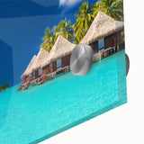 Large abstract wall art of Tahitian scenery in vibrant blue and green tones on acrylic glass.