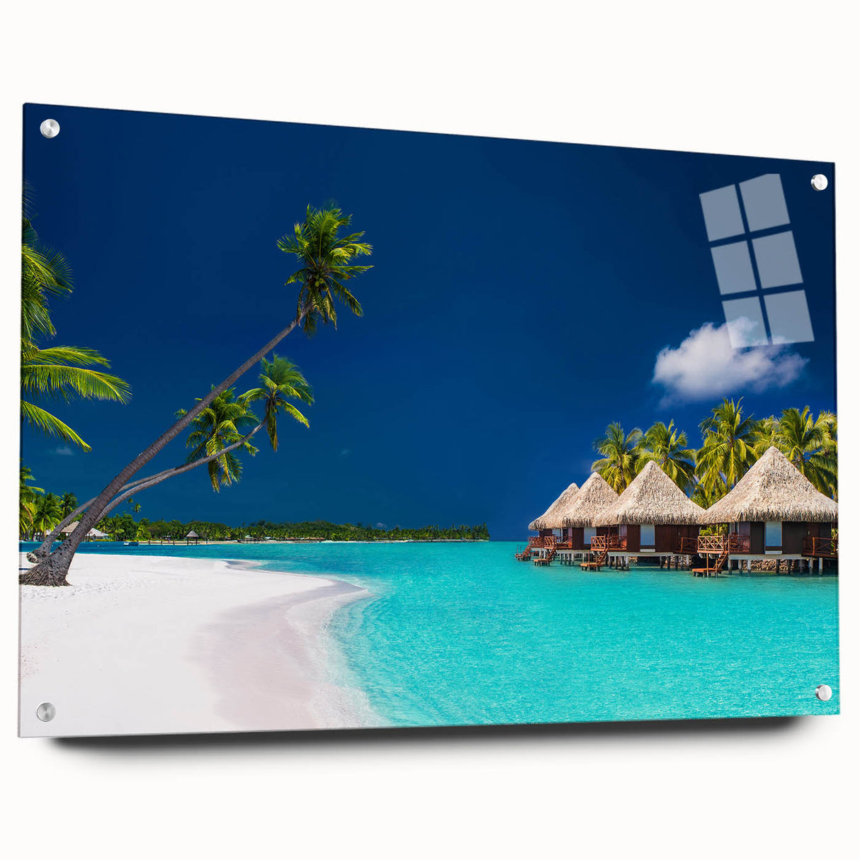 Acrylic print of a Tahitian seascape with vibrant blue and green tones, ideal for bedroom or dining room decor.