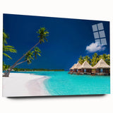 Large abstract wall art of Tahiti's coast in vibrant blue and green tones on acrylic glass.