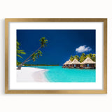 Extra large abstract art print of a serene Tahitian landscape in muted blue and green tones on a gold-framed canvas.