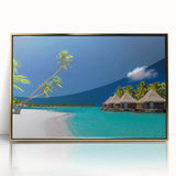 Mid-century modernist acrylic print of Tahiti scenery in muted ocean blues, framed in gold, ideal for modern art wall decor.