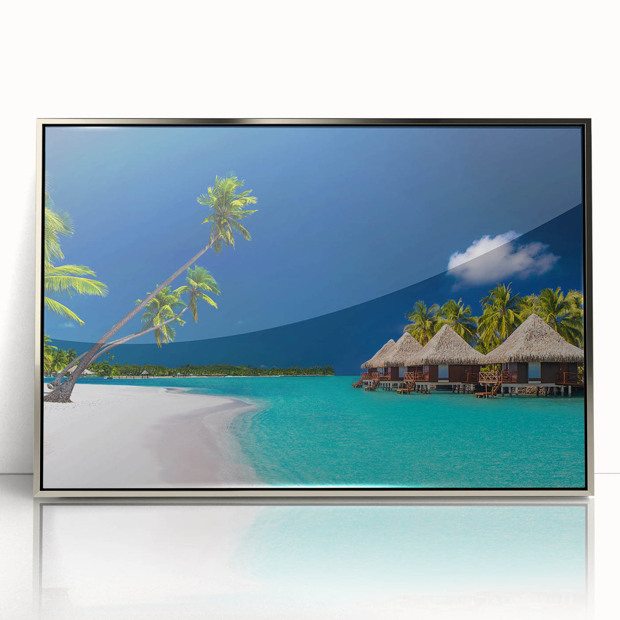 Mid-century modernist art depicting a serene Tahitian landscape in muted blue and green tones, framed in silver acrylic.