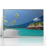 Art deco poster of Tahiti scenery with lush greens and ocean blues on framed acrylic, suitable for modern art wall decor.