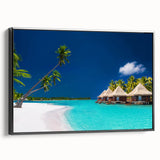 Black and white framed canvas of a Tahitian landscape, ideal for bedroom wall art in a vintage poster style.