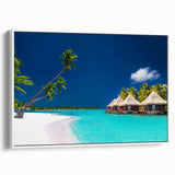 Framed canvas depicting a serene Tahitian landscape in muted greens and blues, ideal for bedroom wall art.