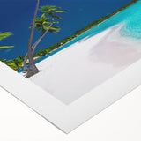 Art deco poster of Tahitian landscape on rolled canvas, featuring muted green and blue tones, ideal for dining room wall art.