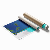 Rolled print of Tahiti scenery in muted greens and blues, ideal for classy bathroom wall art.
