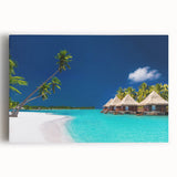 Black and white stretched canvas of a tranquil Tahitian beach scene, ideal for kitchen wall art.