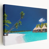 Large canvas print depicting the serene Tahiti shoreline in soft blue and green hues, ideal for kitchen wall art.