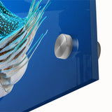 Large abstract wall art in vibrant blue and green tones on acrylic glass, ideal for dining room ambiance.