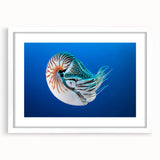 Abstract art print depicting a serene Micronesian seascape in pastel blue and green tones, framed with a white mat.