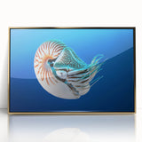 Large art print of a serene Micronesian seascape in muted blue and gold tones on a framed acrylic.