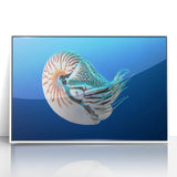 Art deco-style oceanic scene in muted blue and white tones on a framed acrylic, ideal for modern nursery wall decor.