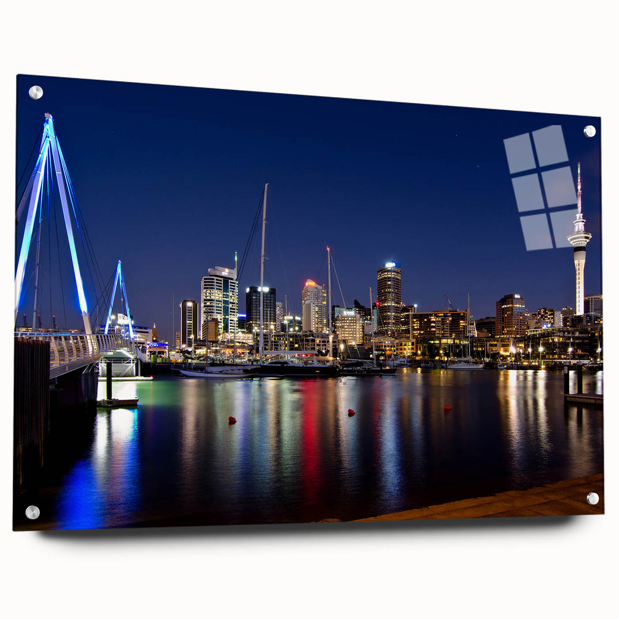 Acrylic print of Auckland skyline in muted blue tones, suitable for bedroom or dining room decor.
