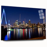Acrylic print of Auckland skyline in muted blue and gray tones, suitable for bedroom or dining room decor.