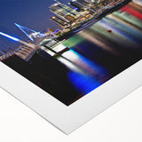 Art deco poster of Auckland skyline in muted blue tones on rolled canvas, suitable for dining room wall art.