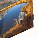 Mid-century modernist large abstract print of Taranaki, New Zealand in blue and green tones on acrylic glass.