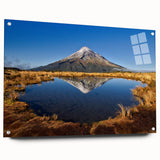 Acrylic print of Taranaki, New Zealand scenery with vibrant green and blue tones, ideal for bedroom or dining room decor.