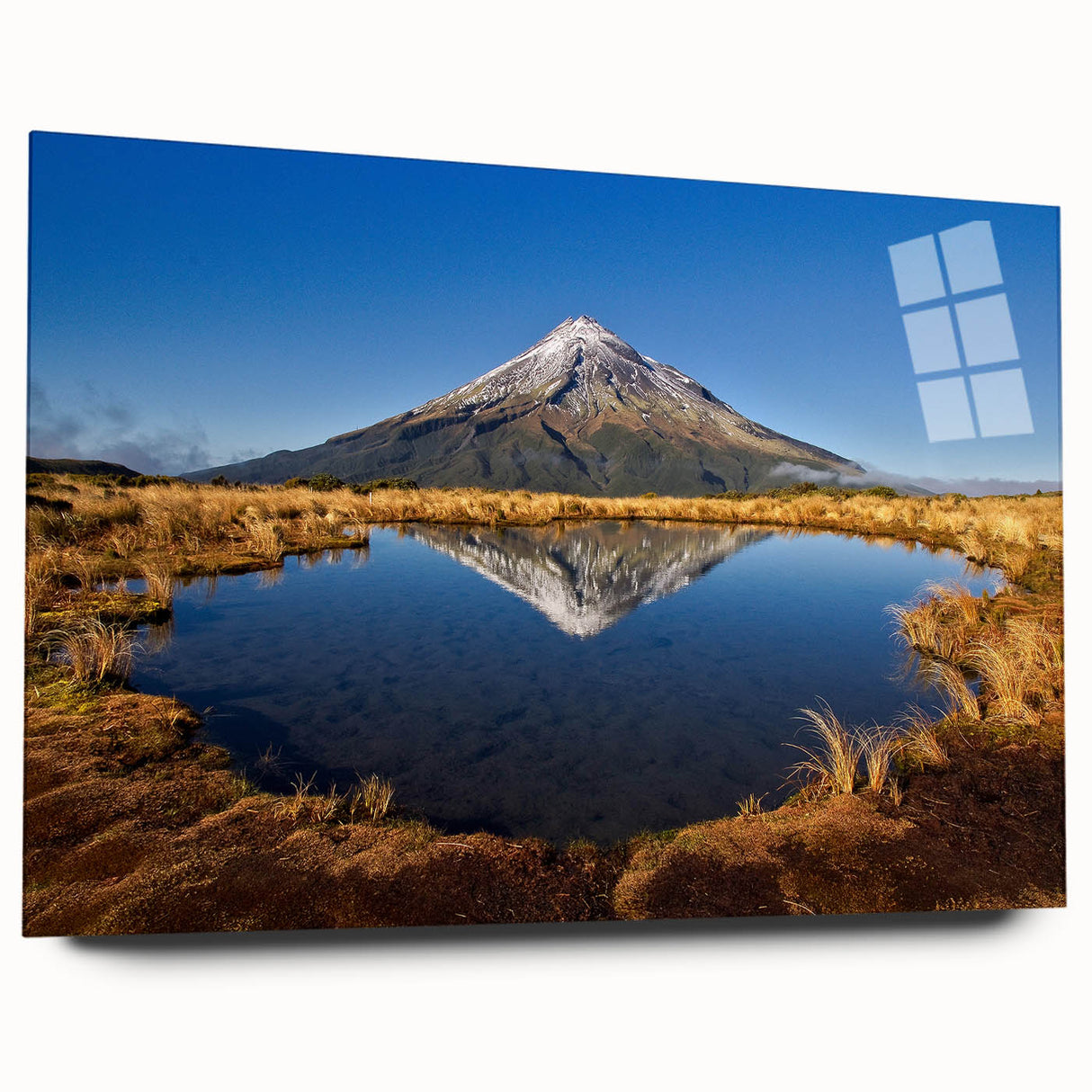 Large abstract wall art of Taranaki, New Zealand in muted earth tones on acrylic glass.