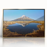 Large art print of Taranaki, New Zealand landscape in mid-century modernist style, framed in gold acrylic.