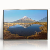 Mid-century modernist art depicting Taranaki, New Zealand in muted gray and blue tones on a framed acrylic print.