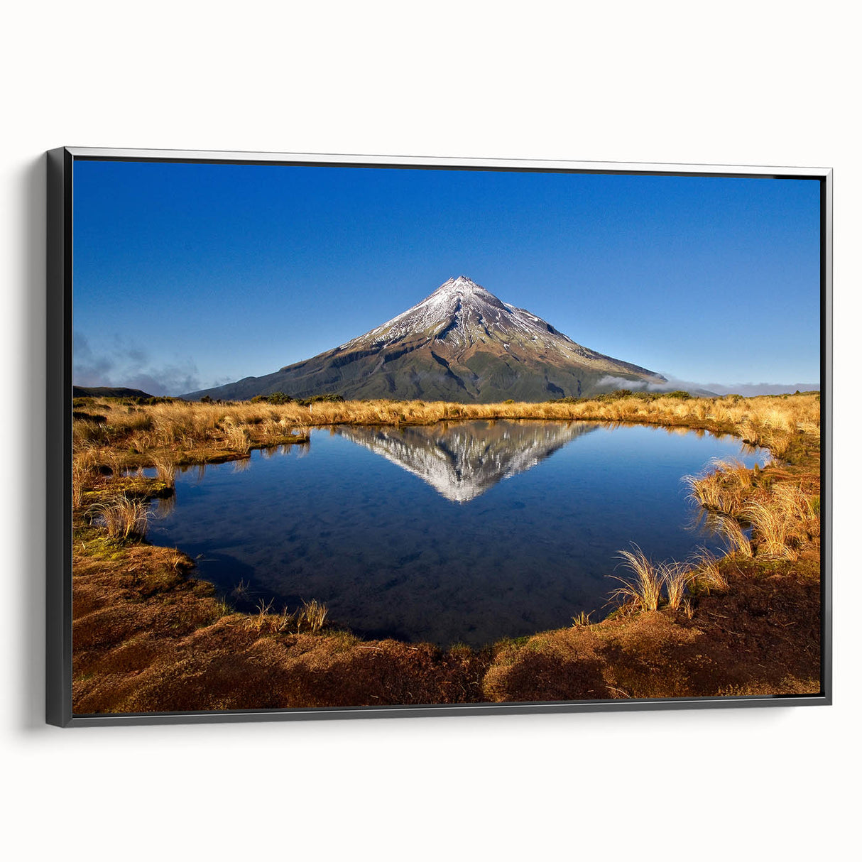 Black and white landscape painting of Mount Taranaki in New Zealand on a framed canvas, ideal for bedroom wall art.