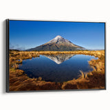 Black and white landscape painting of Mount Taranaki in New Zealand on a framed canvas, ideal for bedroom wall art.