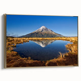 Framed canvas of Taranaki, New Zealand landscape in muted greens and blues, ideal for bedroom wall art.