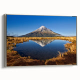 Landscape art painting of Mount Taranaki in New Zealand, framed canvas with vibrant green and blue tones.