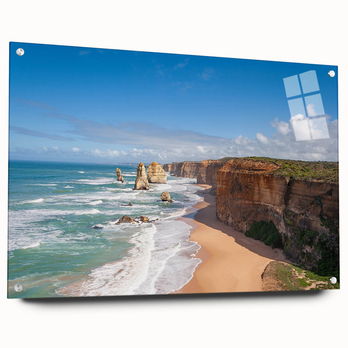 Large abstract wall art on acrylic glass depicting vibrant oceanic blues and greens, ideal for bedroom or dining room decor.