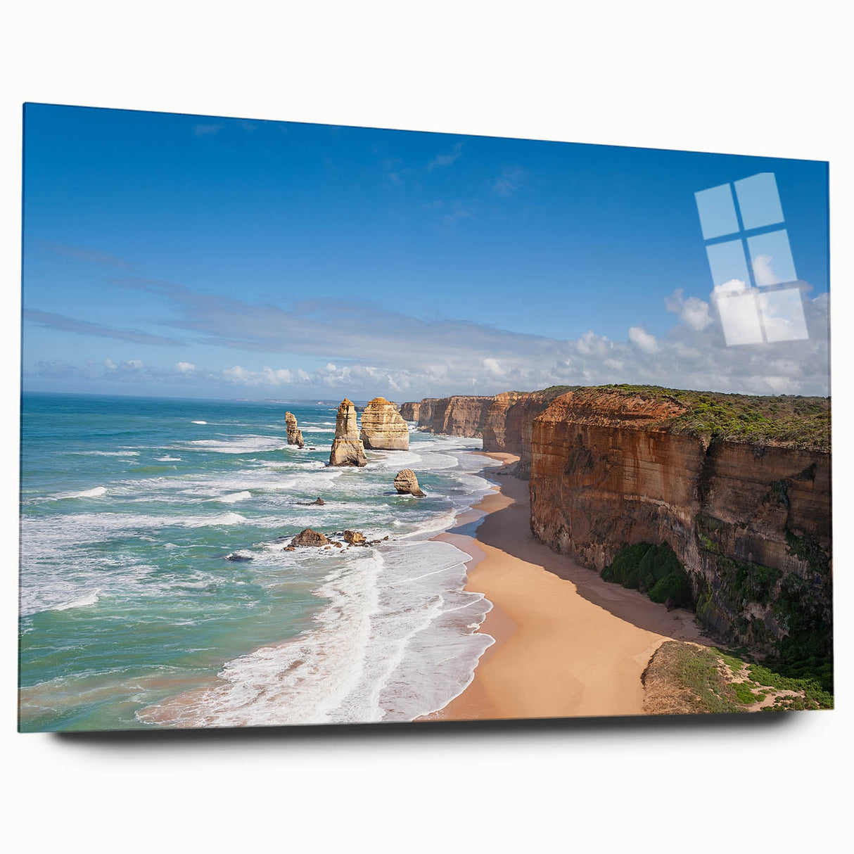 Large abstract oceanic scene in blue and green tones on acrylic glass, ideal for bedroom or dining room art.