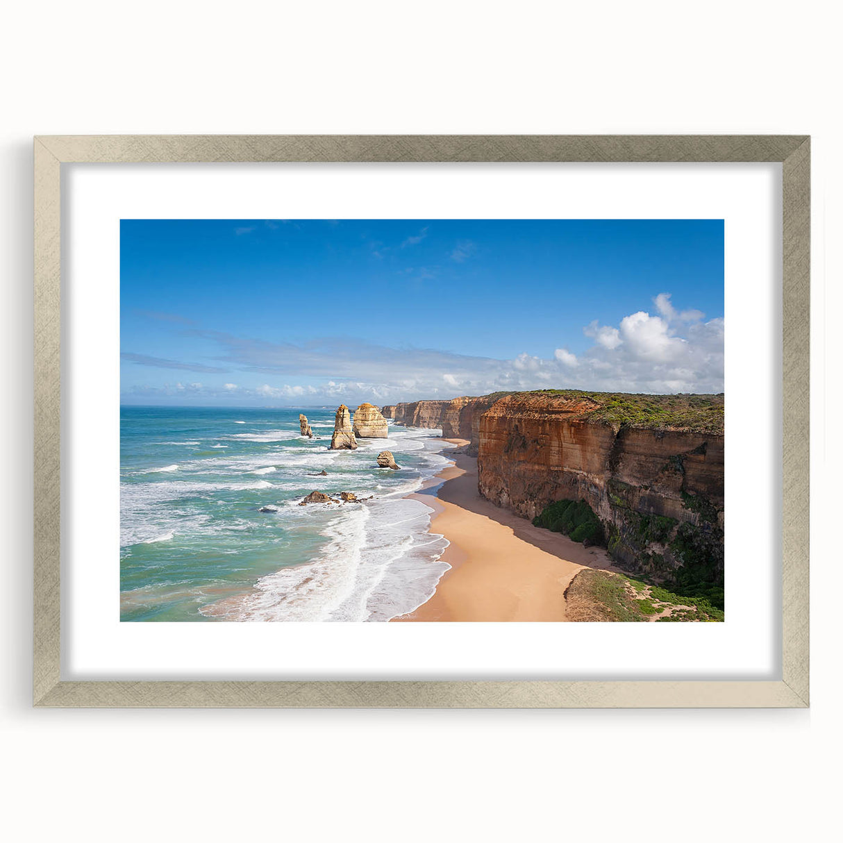 Textured art print featuring abstract oceanic waves in cool blue tones on a framed silver mat, suitable for bedroom art.