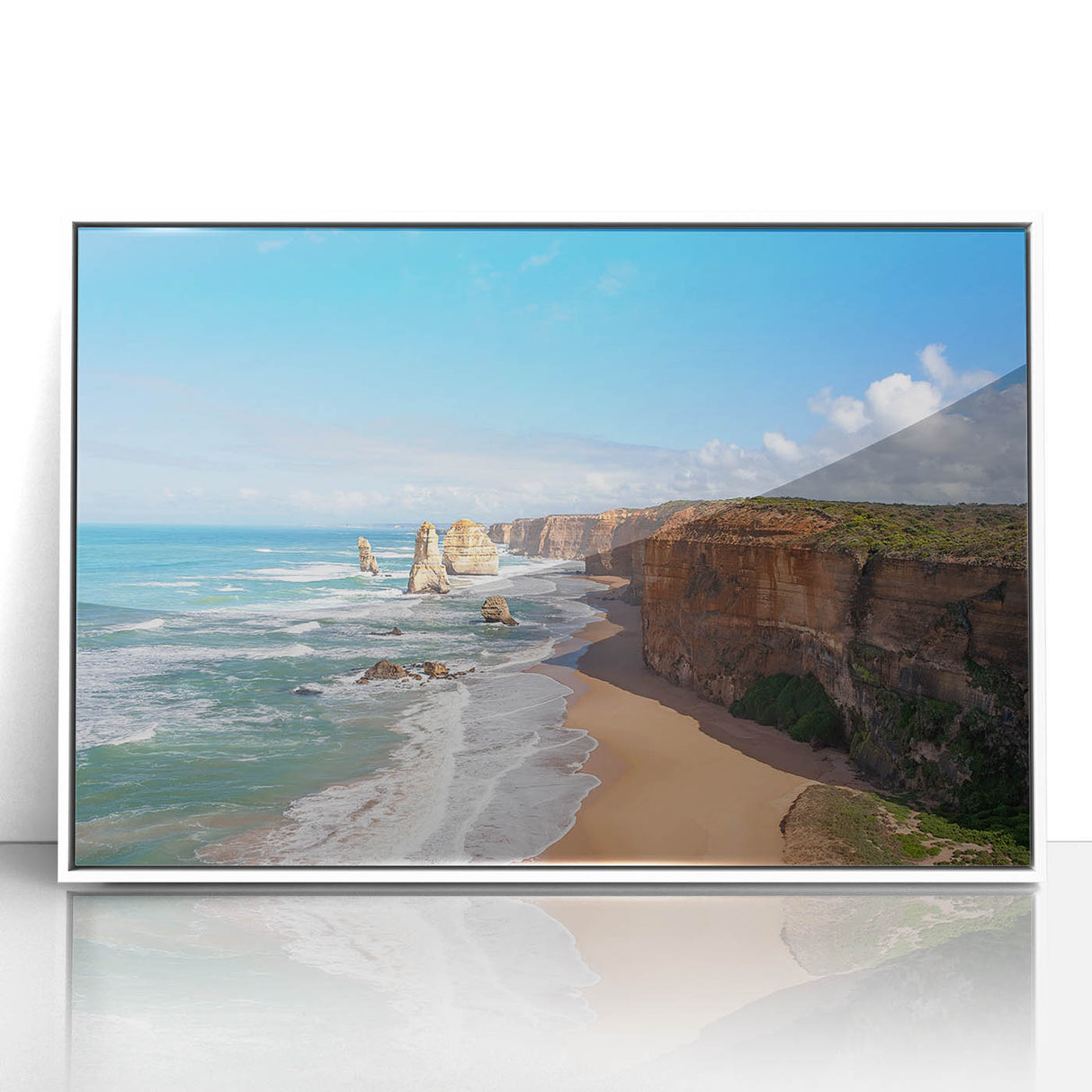 Art deco poster of an oceanic landscape in pastel blue and white, acrylic framed, suitable for modern nursery decor.
