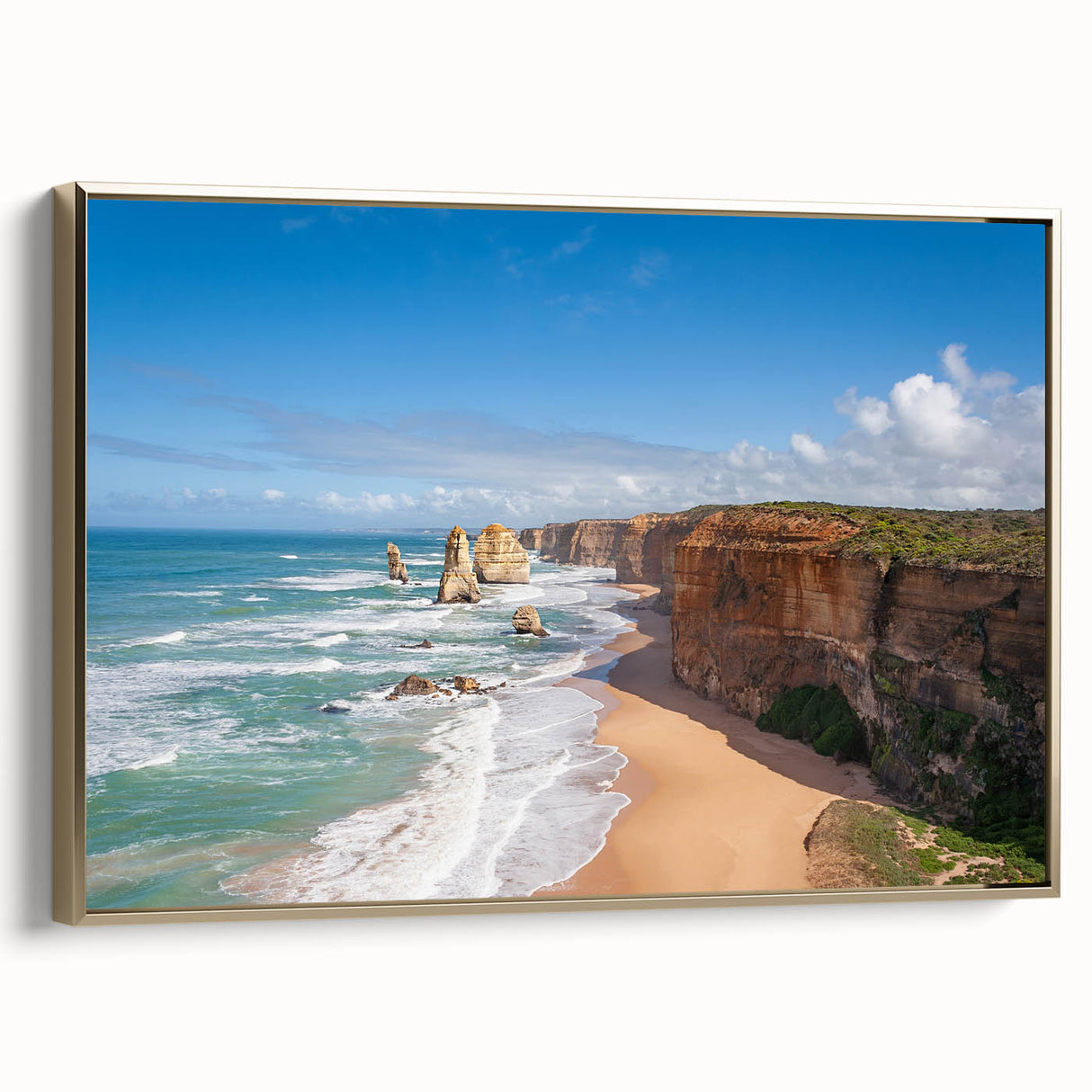 Framed canvas featuring a vintage-style landscape painting of Oceania with a black and gold color scheme.