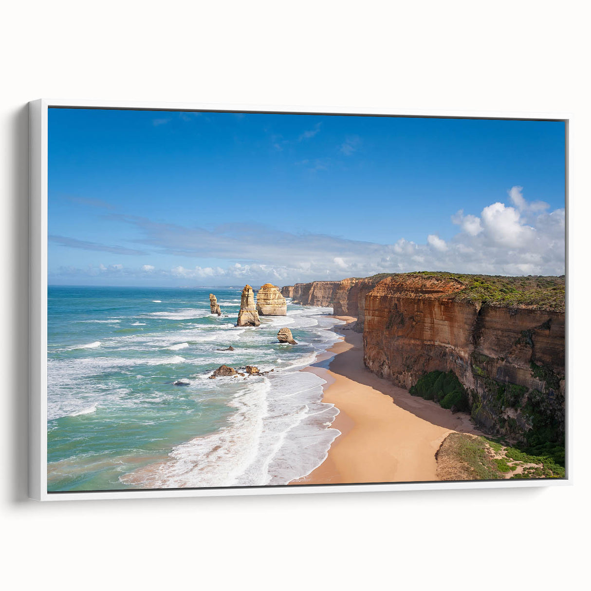 Vintage poster art of a colorful Oceania landscape on a large framed canvas, suitable for living room decor.