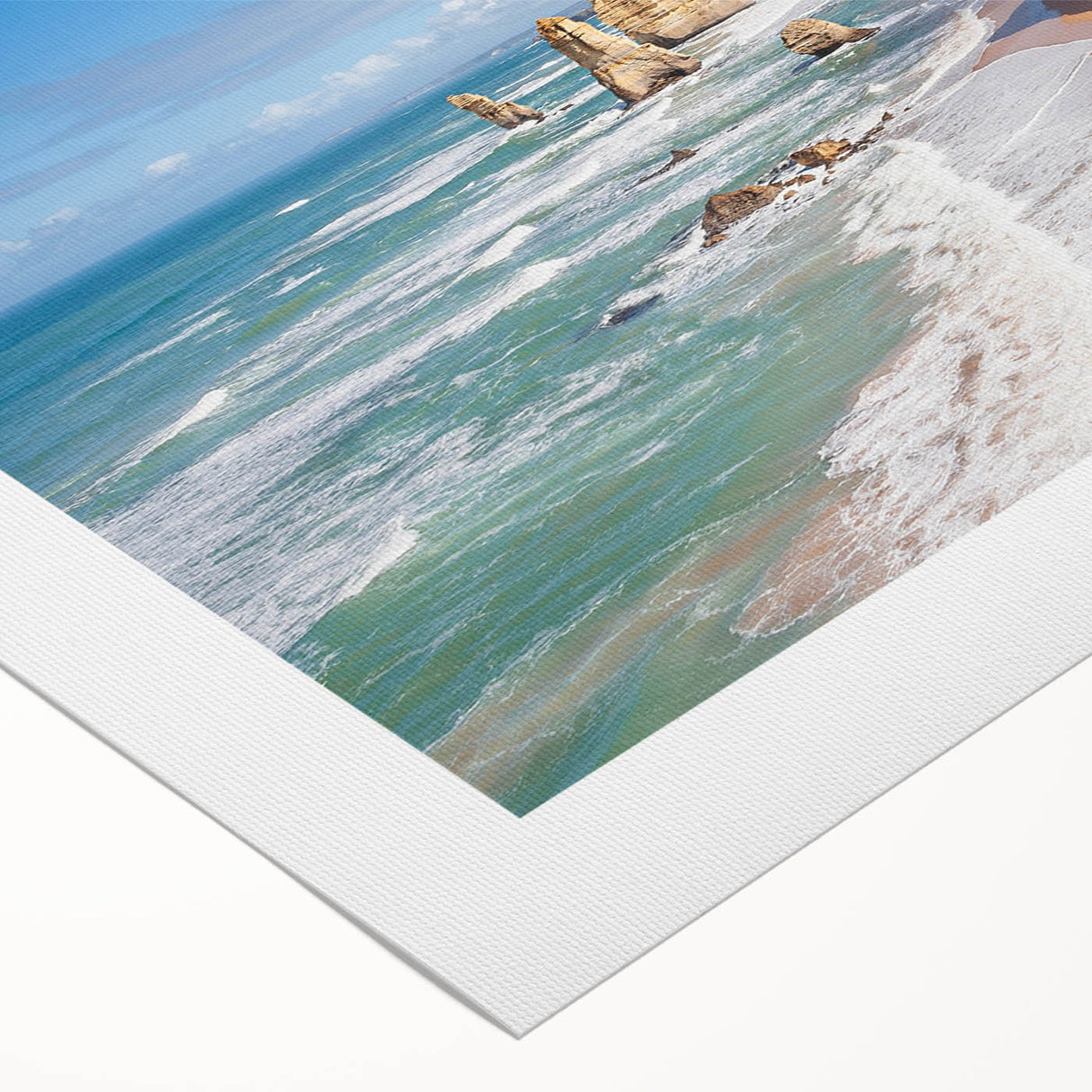 Art deco poster featuring a stylized oceanic scene in muted blues and greens on rolled canvas.