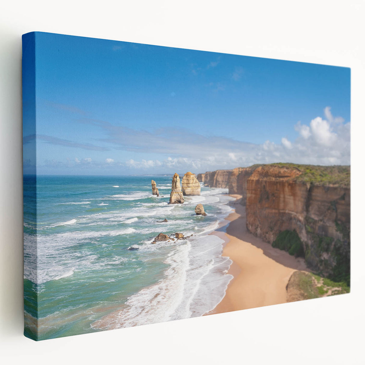 Large stretched canvas depicting a serene oceanic scene in blue and green tones, suitable for kitchen wall art.