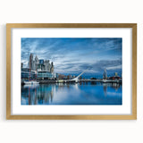 Extra large abstract art print of Buenos Aires skyline in textured gold frame, ideal for living room decor.