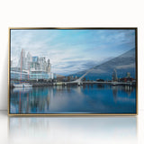 Large art print of Buenos Aires skyline in muted gold and blue hues on acrylic, framed, in a mid-century modernist style.