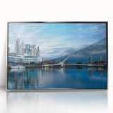 Mid-century modernist art of Buenos Aires skyline in acrylic, with silver frame, ideal for nursery wall art.