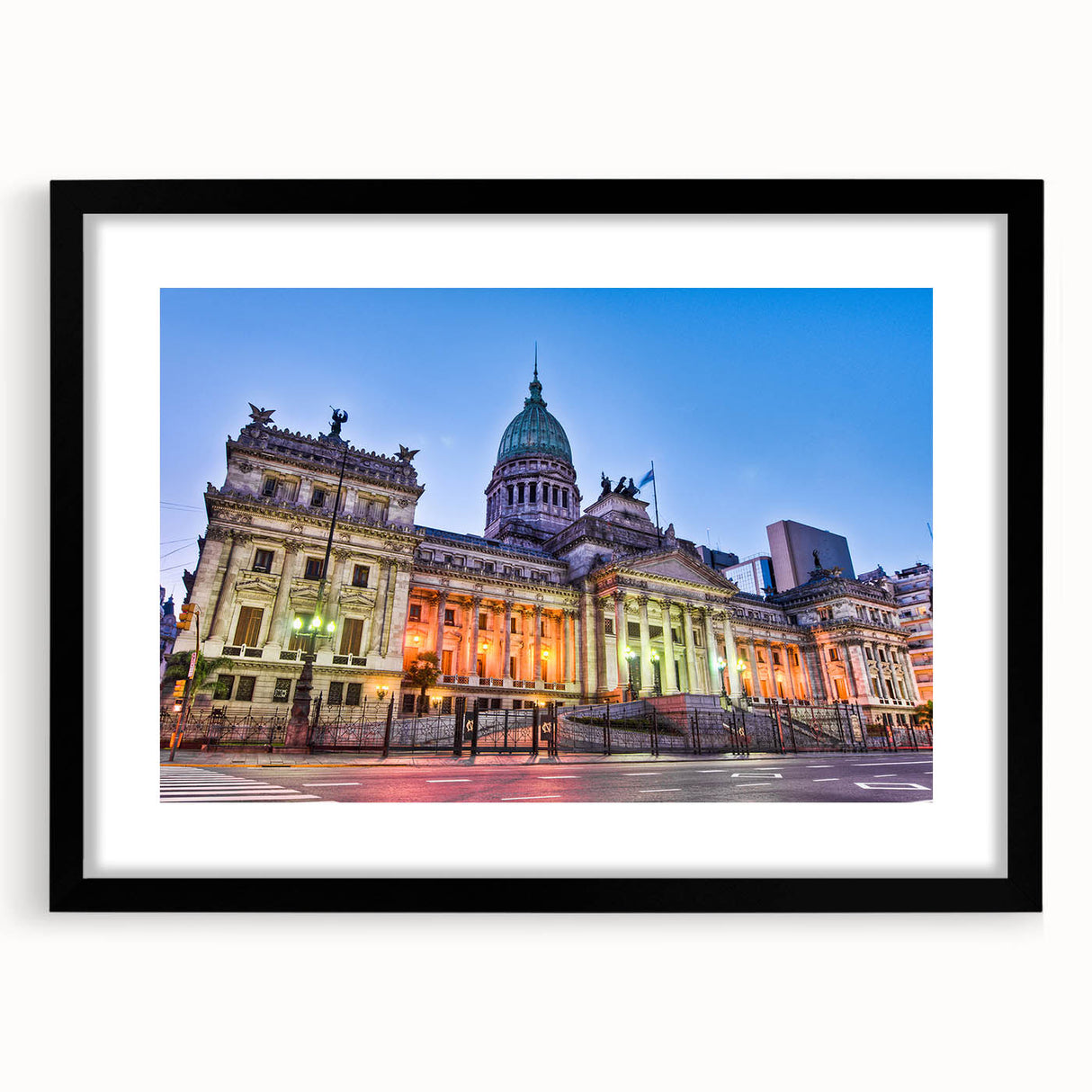 Extra large abstract art print depicting a vibrant, colorful Argentine landscape on a textured canvas, framed in black.