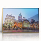 Large art print of a serene Argentine landscape in muted earth tones, framed in gold acrylic.