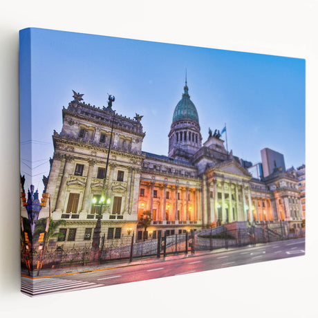 Large canvas print of a serene Argentinian landscape in soft green and blue tones, suitable for kitchen wall art.