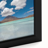 Extra large framed canvas of a textured Bolivian landscape in black with colorful accents, ideal for living room decor.