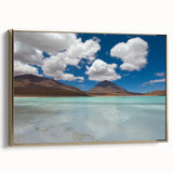 Framed canvas featuring a vintage-style landscape painting of the Bolivian scenery in muted gold and black tones.